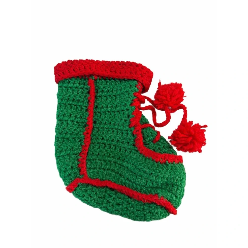 VTG‎ handmade crochet green red christmas baby stocking Granny Boot Pom-Poms